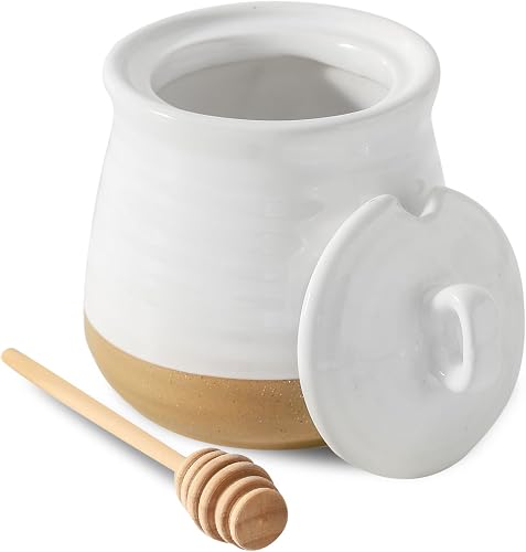 Ceramic 12 Ounce Honey Jar and Dipper Set,Porcelain Honey Pot wz Lid and Wooden Dipper,Cute Honey Containers for Party,Holiday,Halloween Favors,Farmhouse Kitchen Decor,Dishwasher Safe,White