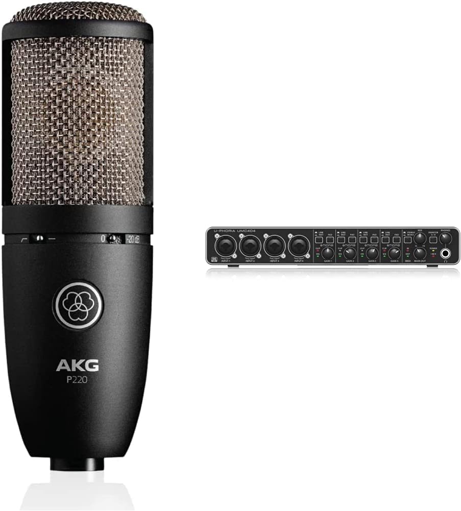 AKG P220 High-Performance Large Diaphragm True Condenser Microphone & Behringer U-PHORIA UMC404HD Audiophile 4X4 24-Bit/192 KHz USB Audio/MIDI Interface with Midas Mic Preamplifiers Black