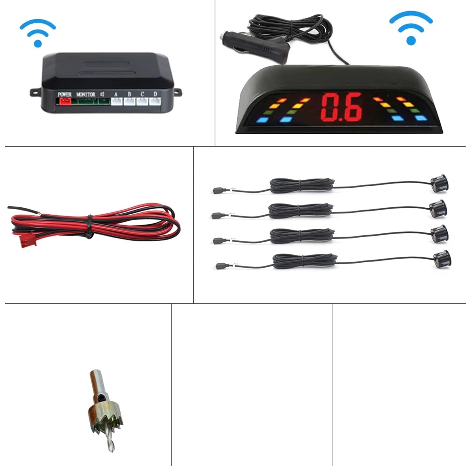 Voiture Recul Radar Capteur Stationnement Sans Fil Voiture Parktronic Avec 4 Systèmes Détection Radar De Recul Et D'affichage Distance Avant-arrière(Red)