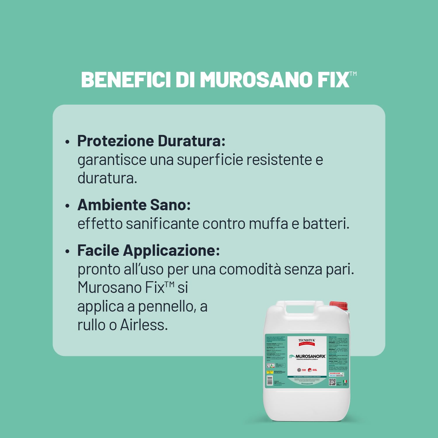 TECNOSTUK MuroSano Fix – Fissativo Acrilico Protettivo e Antimuffa per Interni ed Esterni – Alta Adesione, Facile Applicazione e Risultato Professionale (5 Litri)