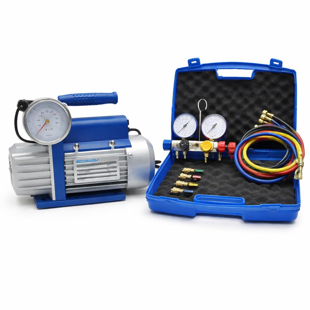 3S SuperSamaStore Kit Pompa del Vuoto Bistadio 70 L/Min con Set Manometrico 4 Vie Universale, per Installazione e Manutenzione Impianti Climatizzazione e Condizionatori con Gas R410A-R32-R407C-R134A