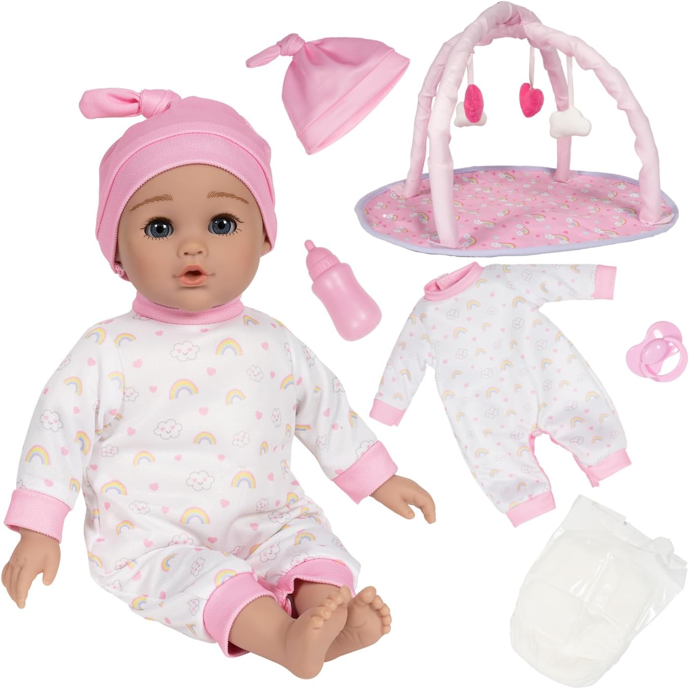 Over The Rainbow Baby Doll and Play Mat with 7 Piece Accessories Set Including Rainbow-Print Onesie, Beanie, Pacifier, Doll Diaper and Pink Bottle Birthday Gift for Kids Ages 3+