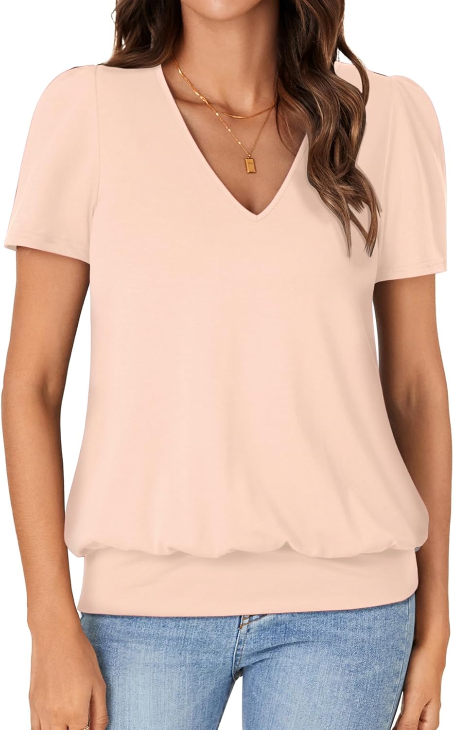 KIFOVEN Women’s Casual Short Sleeve V Neck T Shirt Summer Banded Bottom Loose Fit Tunic Tee Shirt Top Beige Medium - Image 2