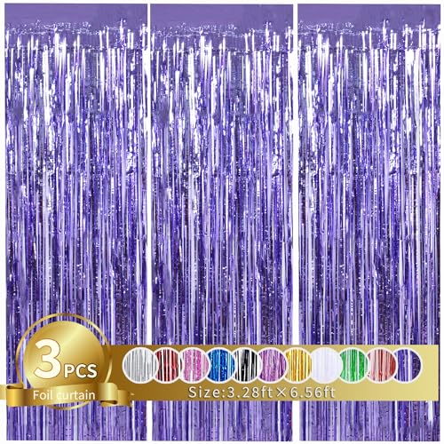 Image of TONIFUL 3Pcs Light Purple Door Streamers Purple Photo Booth Backdrop Metallic Streamers Foil Fringe Curtains for Birthday,Christmas,New Year,Bachelorette,Grad Party Streamers Decor(9.9ft x 6.6ft)