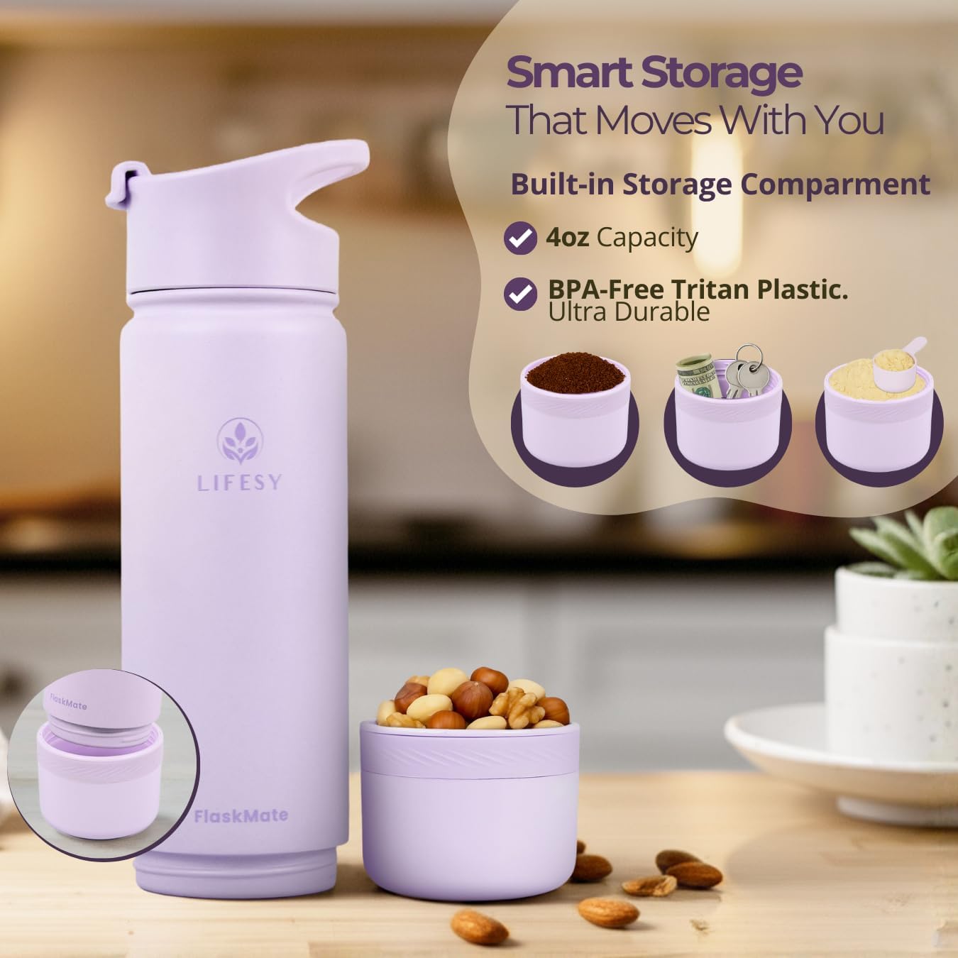 Tea Infuser Bottle & Cold Brew Travel Bottle – 18oz Insulated Flask with Storage, Filter & Dual Lids – For Work, Wellness & Gym – FLASKMATE All-in-One System (Mystic Lilac) - Image 7