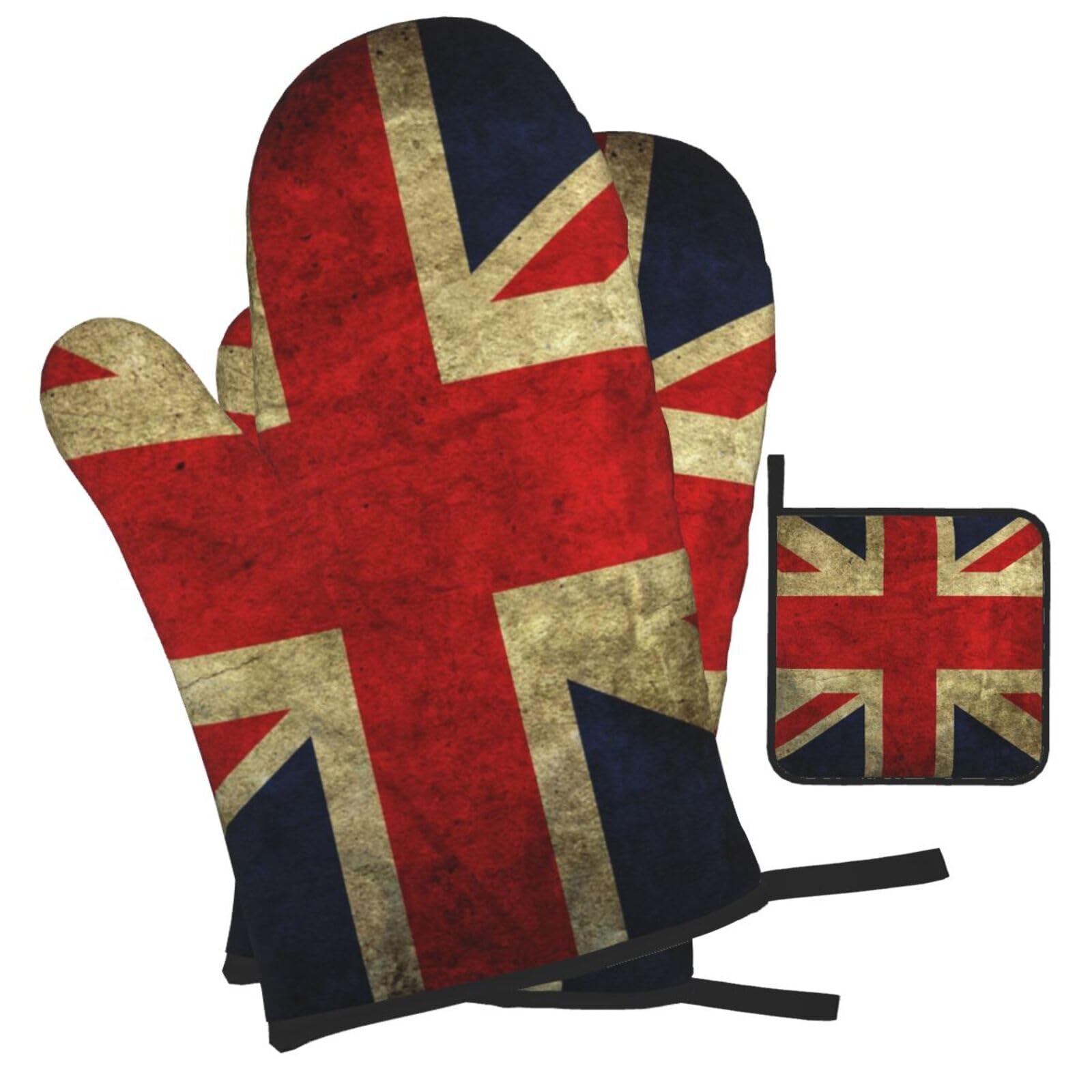 British Flag Printed Oven Mitts and Pot Holders Heat Resistant Set of 3 Pcs, Modern Kitchen Gloves & Potholders for Cooking Baking Grilling