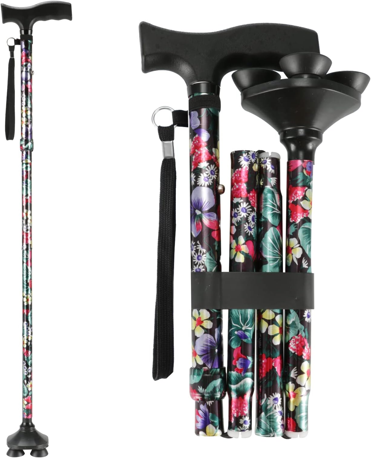 LIXIANG Walking Cane, 5-Level Height Adjustable Walking Stick for Men & Women with Comfortable Plastic T-Handle Portable Folding Walking Cane, Colorful Flowers