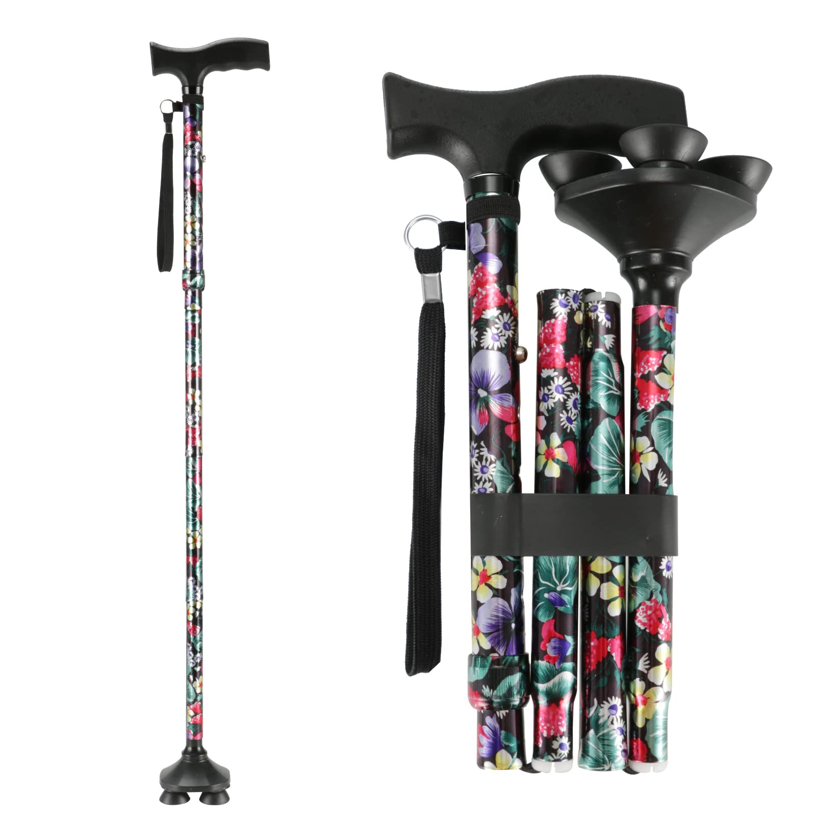 LIXIANG Walking Cane, 5-Level Height Adjustable Walking Stick for Men & Women with Comfortable Plastic T-Handle Portable Folding Walking Cane, Colorful Flowers