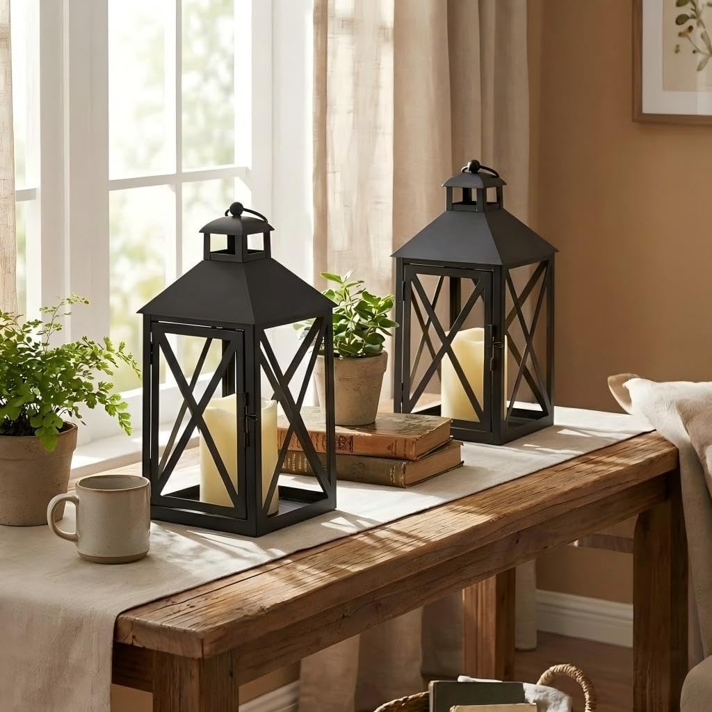 Bdor Black Lantern Decoration with LED Candle – Black Metal Lantern with Holly Berry and Pinecone Accents – Battery Operated Hanging or Tabletop Ornament for Home Decor
