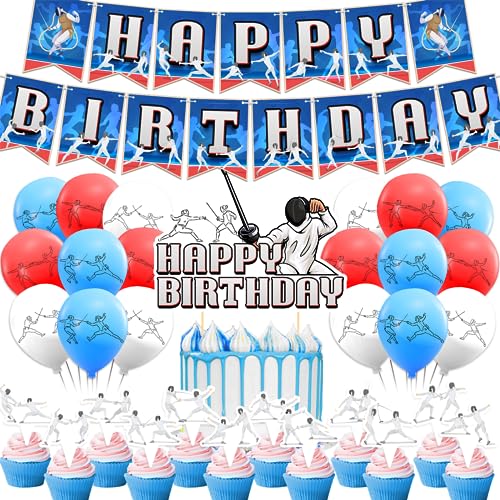 Décorations de Fête d'Anniversaire Escrime avec Bannière, Décoration de Gâteau, Cupcake, Ballons pour Clôture, Fête Sportive