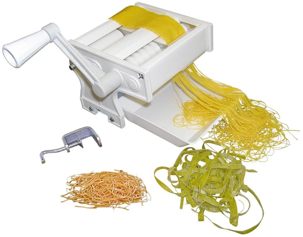 MAAJ Nudelmaschine 4in1 mit Auswellwalze + 0,7 + 1 mm Feine Suppennudeln + 6 mm Tagliatelle, Manuelle Bedienung, Pasta Maker aus Spezial-Kunststoff