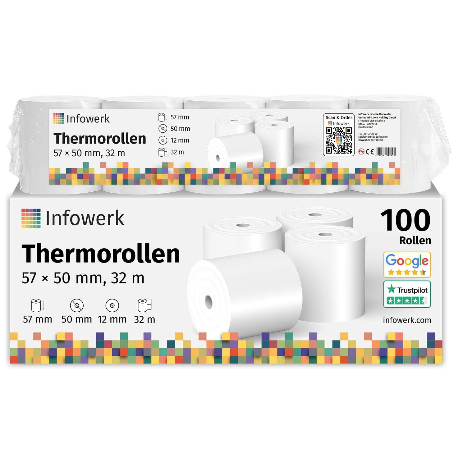 Nowość: Infowerk rolki termiczne/rolki kasowe, 100 rolek, 57 mm x 50 mm x 12 mm, 32 m, certyfikat PEFC, certyfikat środowiskowy, do EPSON, IBM i wielu innych.