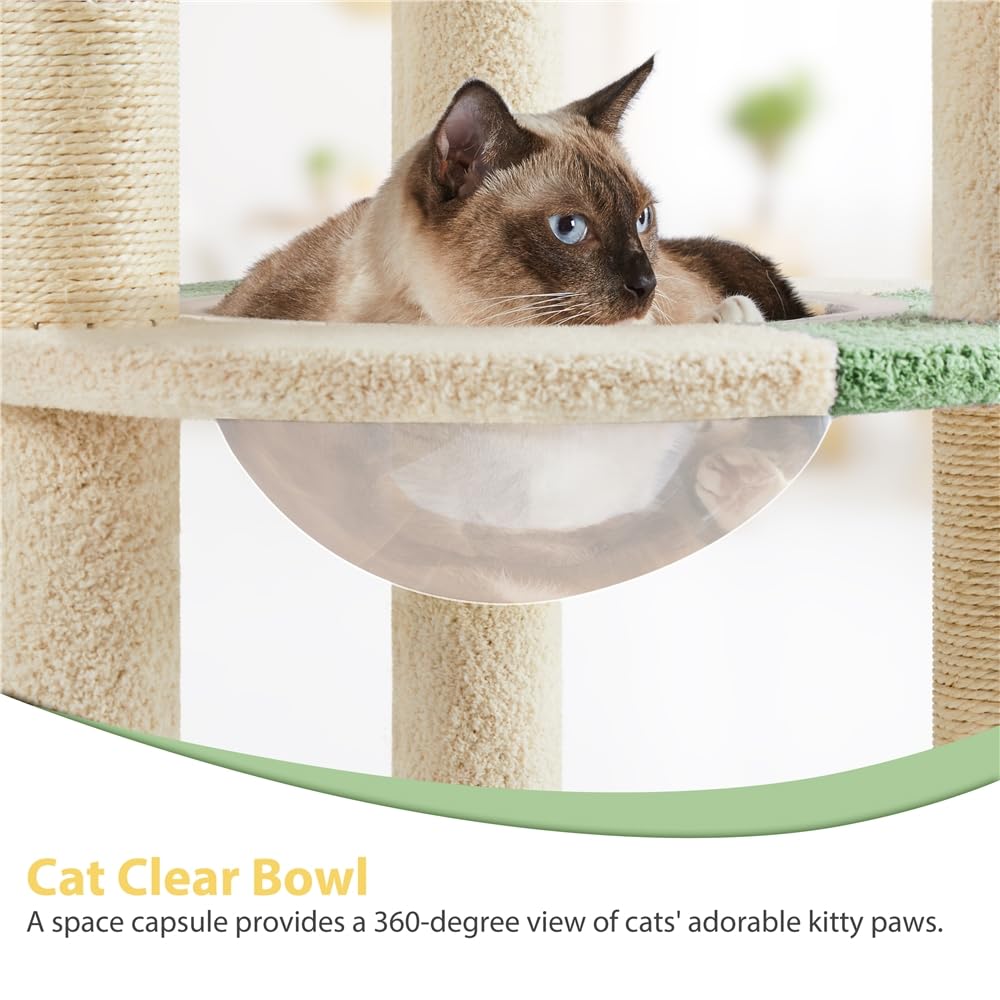 Tiragraffi per Gatti Albero Alto 90 cm con Trespolo Palla Giocattolo Tana Trasparente Torre Gatto Verde e Beige