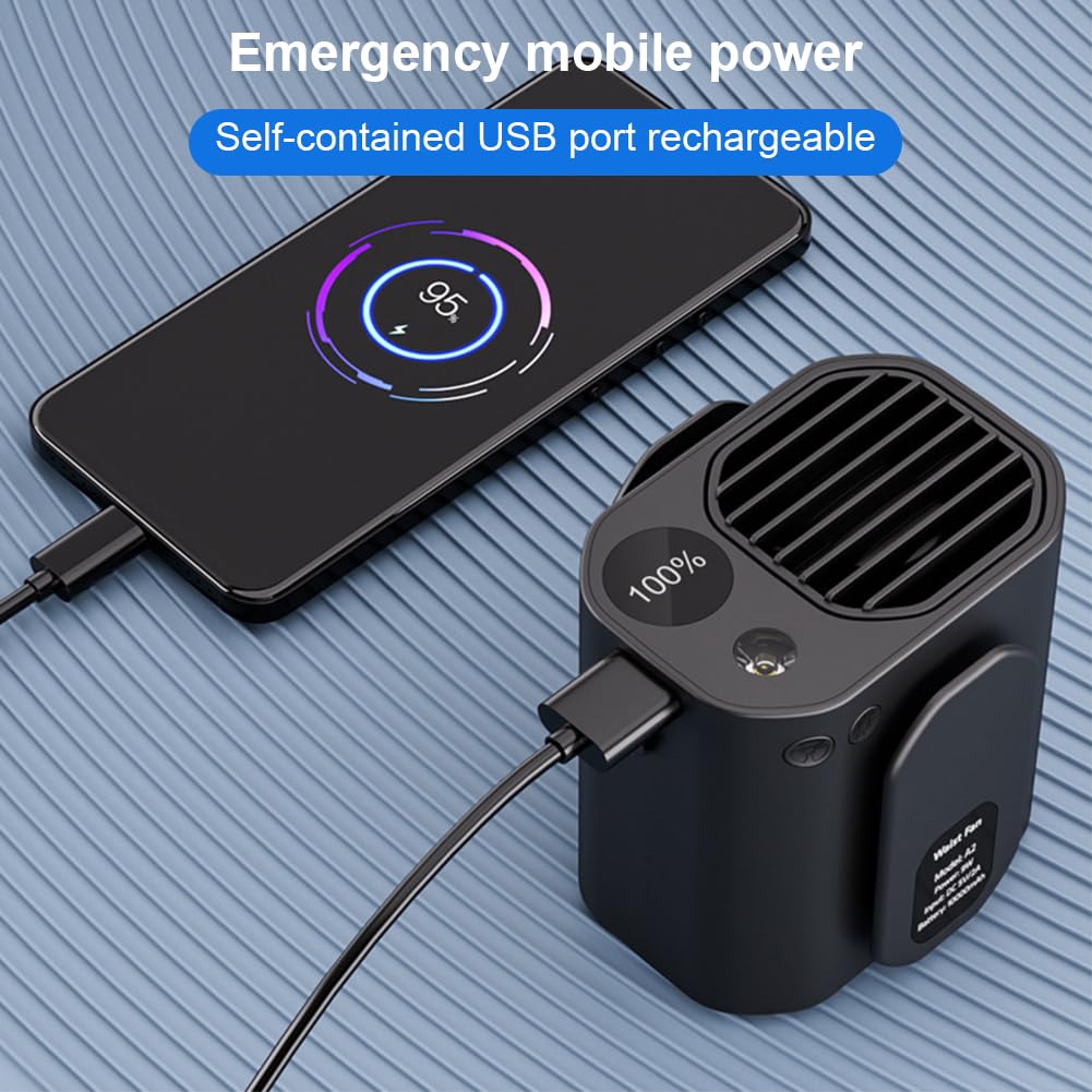 Ventilador con clip para la cintura, ventilador personal para colgar, ventilador multifunción con banco de energía, pantalla LED, ventilador con clip para cinturón para jardinería al