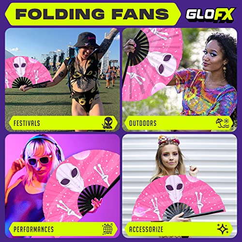 GloFX Rave Fan - Pink Alien - Large Folding Fan -Large Folding Fan for Rave Essentials, Festival Fans, and Alien Accessories - Hand Held Fan for Festival Outfits & EDM Vibes - Thumbnail 3