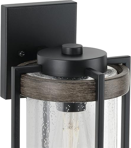 Miniatura 13 de Whitmire Collection - Farol de pared para exteriores con 1 luz de cristal transparente con detalles de roble envejecido, color negro mate