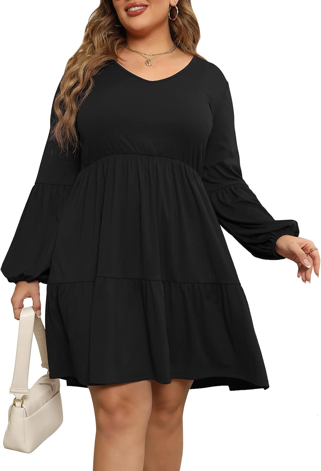 Celkuser Plus Size Casual Dresses for Curvy Womens Long Sleeve V Neck Babydoll Tiered Flowy Dress with Pocket