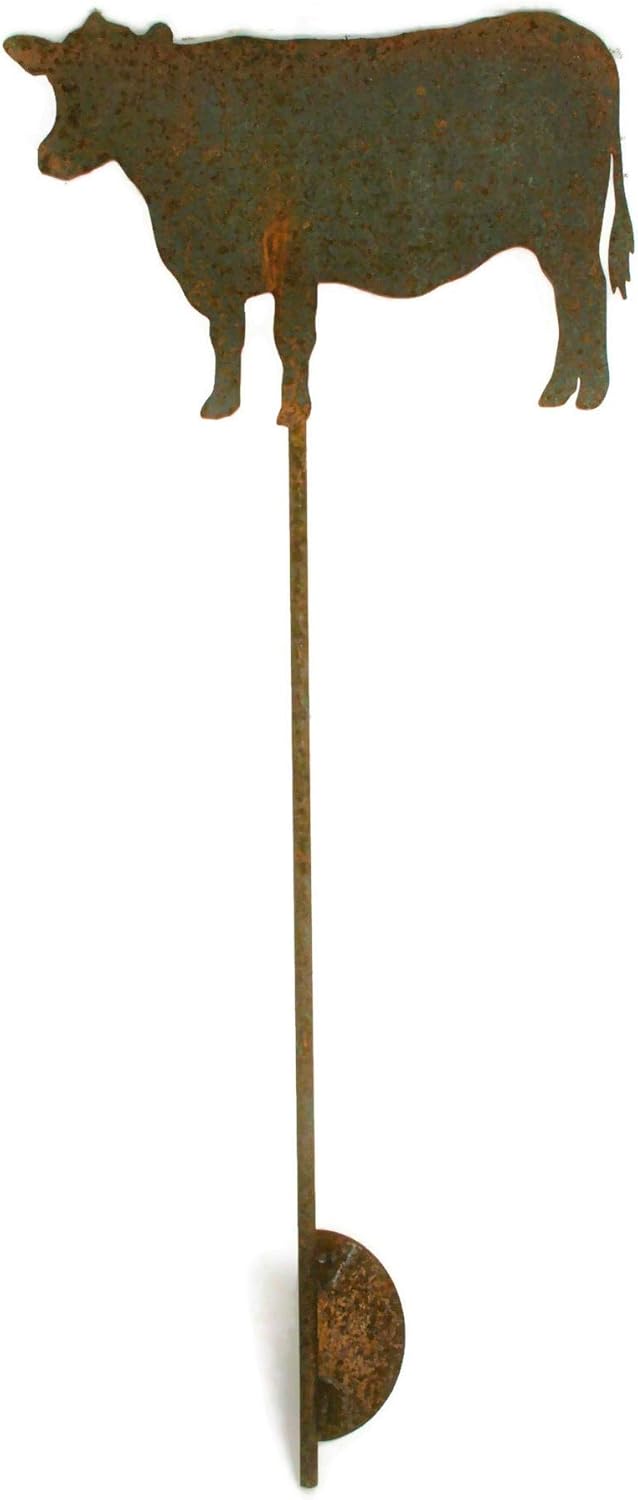 Pets and Farm Animals Metal Garden Landscape Stake (9" Wide Cow on Stake, Naturally Rusted)