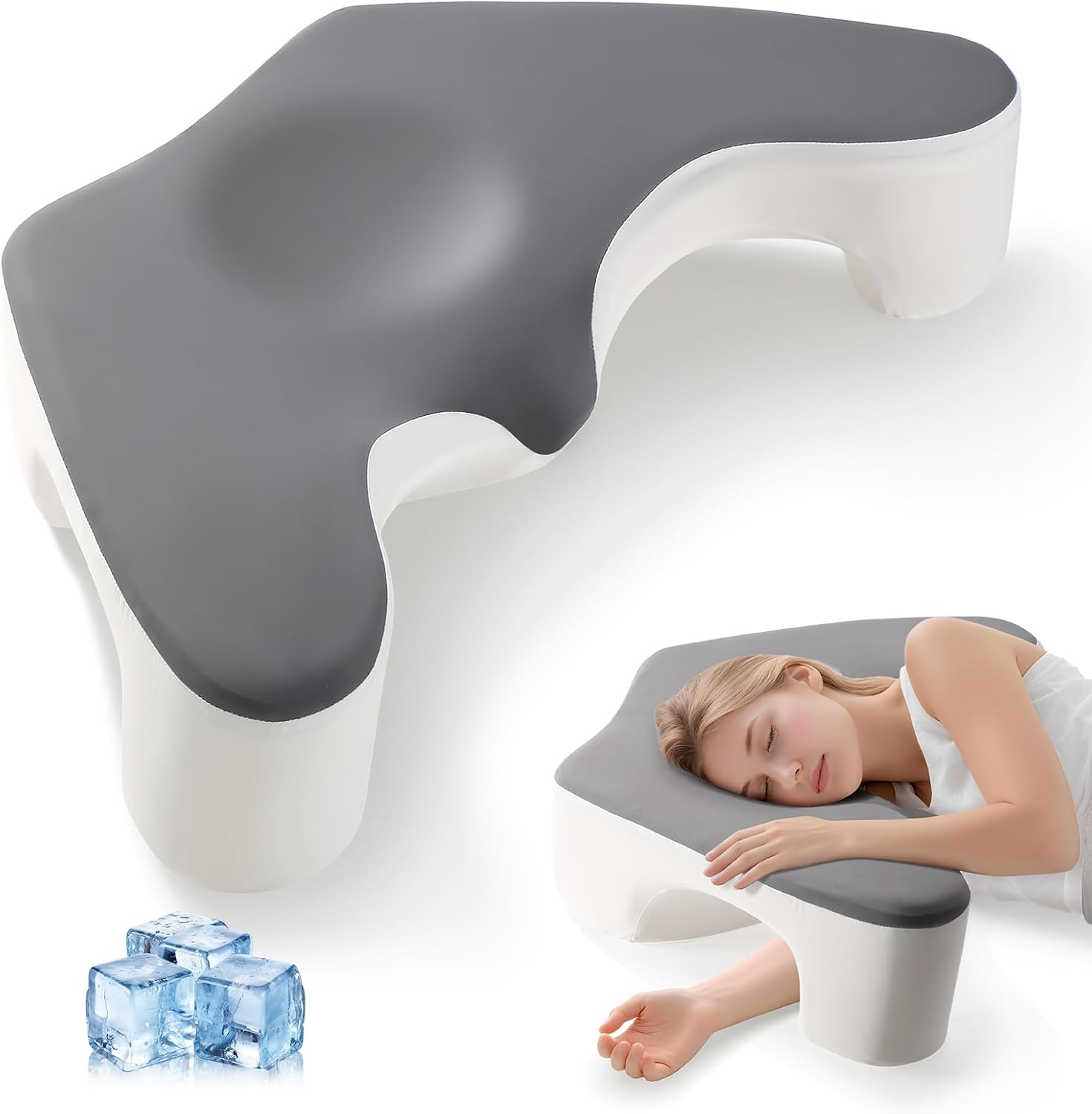 Pillow with Arm Hole, Side Sleeper Pillows for Shoulder Pain Relief, Ergonomic Cervical Pillows Designed Neck Support Area, Memory Foam Bed Pillows with Washable Cooling Pillows Case Grey-white