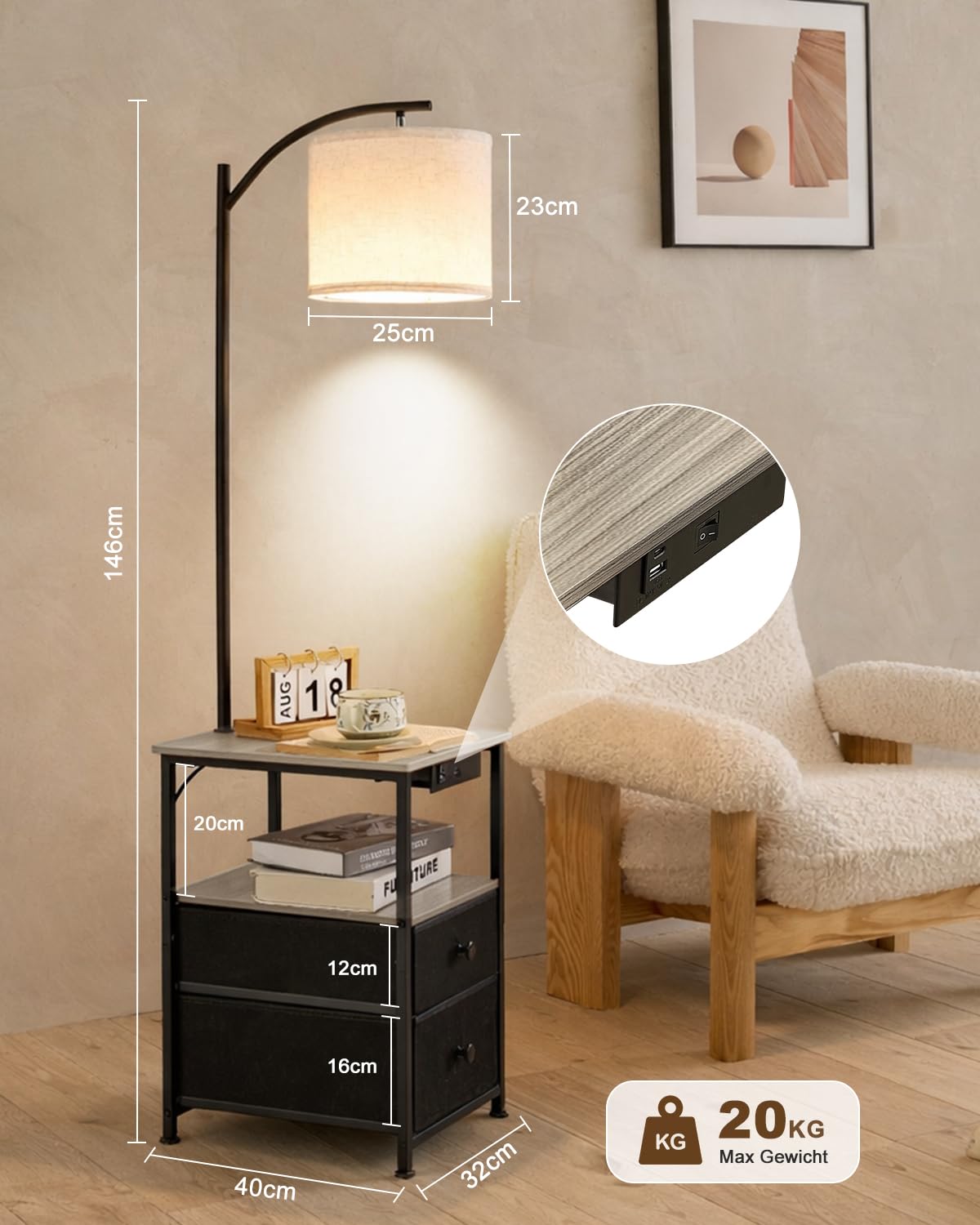 Stehlampe mit Tisch und 2 Schubladen, Nachttischlampe mit USB & Typ-C Ladefunktion, Stehleuchte mit 3 Farbtemperaturen und verstellbarem Lampenschirm, LED Stehlampe für Wohnzimmer und Schlafzimmer