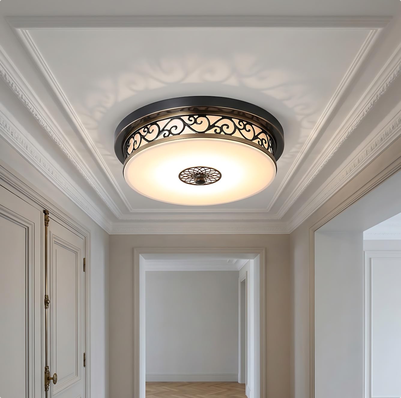 Vintage LED Deckenleuchte Schwarz Gold, Retro Eisen Deckenlampe mit Glasschirm für Gemütliches Schlafzimmer, Dekorative Wohnzimmerlampe Flur Wohnungsdeko(3000K,30CM)