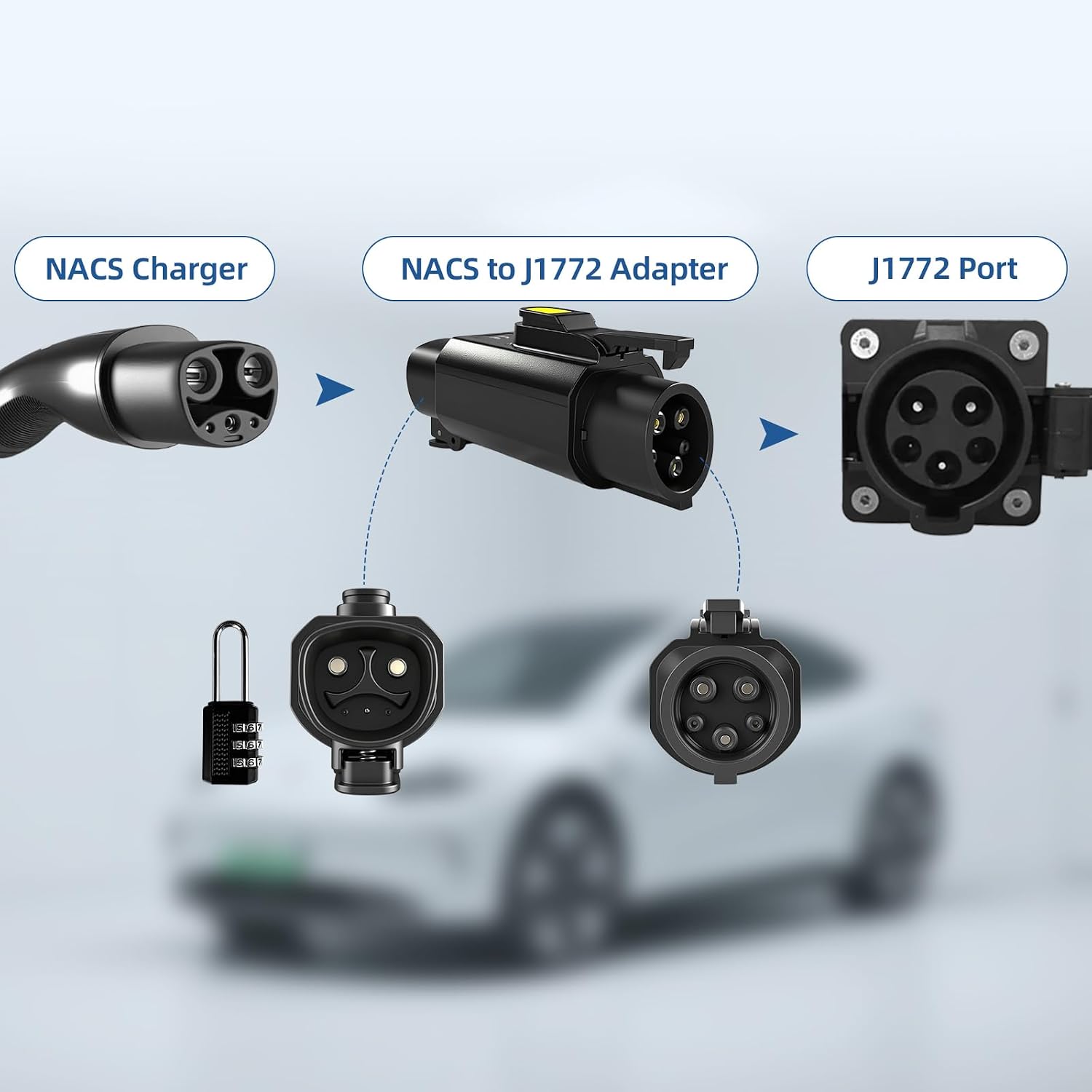 NACS to J1772 Charging Adapter for J1772 EVs Max 50A 11KW with Power-Off Button Temperature Protection Anti-Theft Lock Compatible with Tesla Wall Connector Destination Station Mobile Charger (Black)