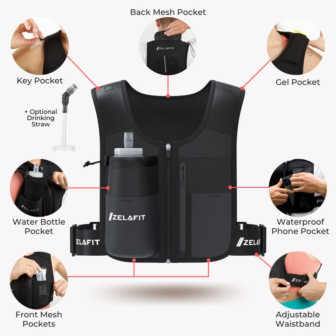 ZelaFit® Running Vest with Rechargeable Leds & Micro USB Charging Cables, Water Bottle and Straw - Reflective Hydration Vest with 8 Pockets - Running Backpack Alternative in 2 Sizes - Men & Women