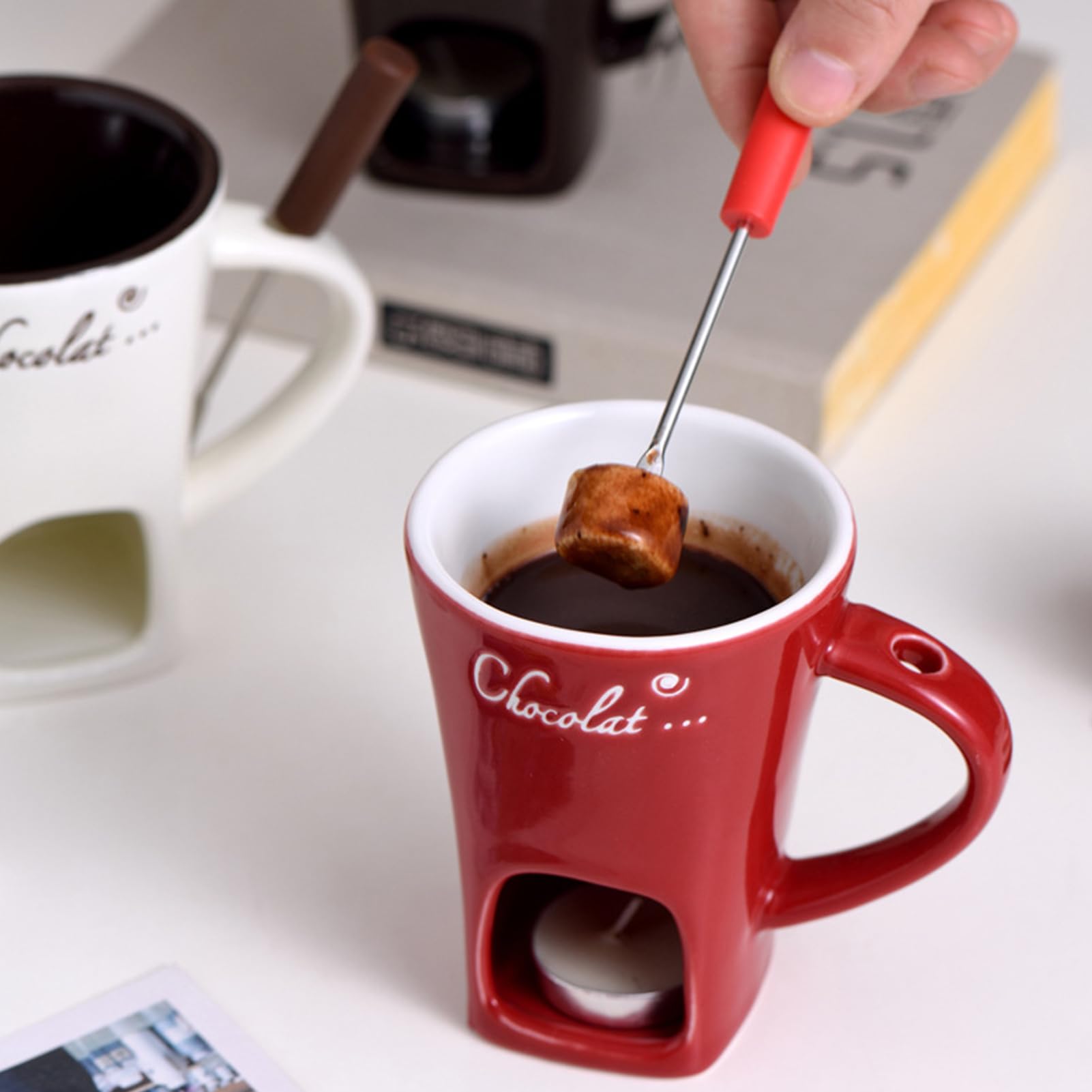 Chocolade Fondue Mok 130ml Keramische Chocolade Fondue Koffiekopje met Vorken Smeltmokken voor Chocolade Kaas Boter Gemakkelijk schoon te maken Veelzijdige Smeltbeker kopen vanaf een prijs van 21