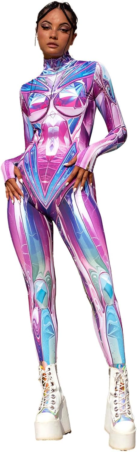 Pink Cyber Bodysuit for Women Futuristic Full Body Jumpsuit High Stretch Sci-Fi Costume for Cosplay and Festival
