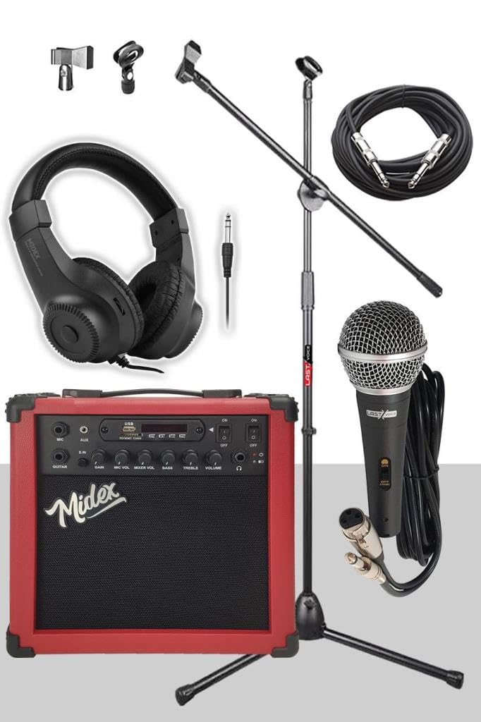 Midex MGA-25RD-PAK Elektro Gitar Amfisi 25 Watt USB Bluetooth ve Şarjlı (Amfi Mikrofon Stand Kulaklık Jack Kablo)