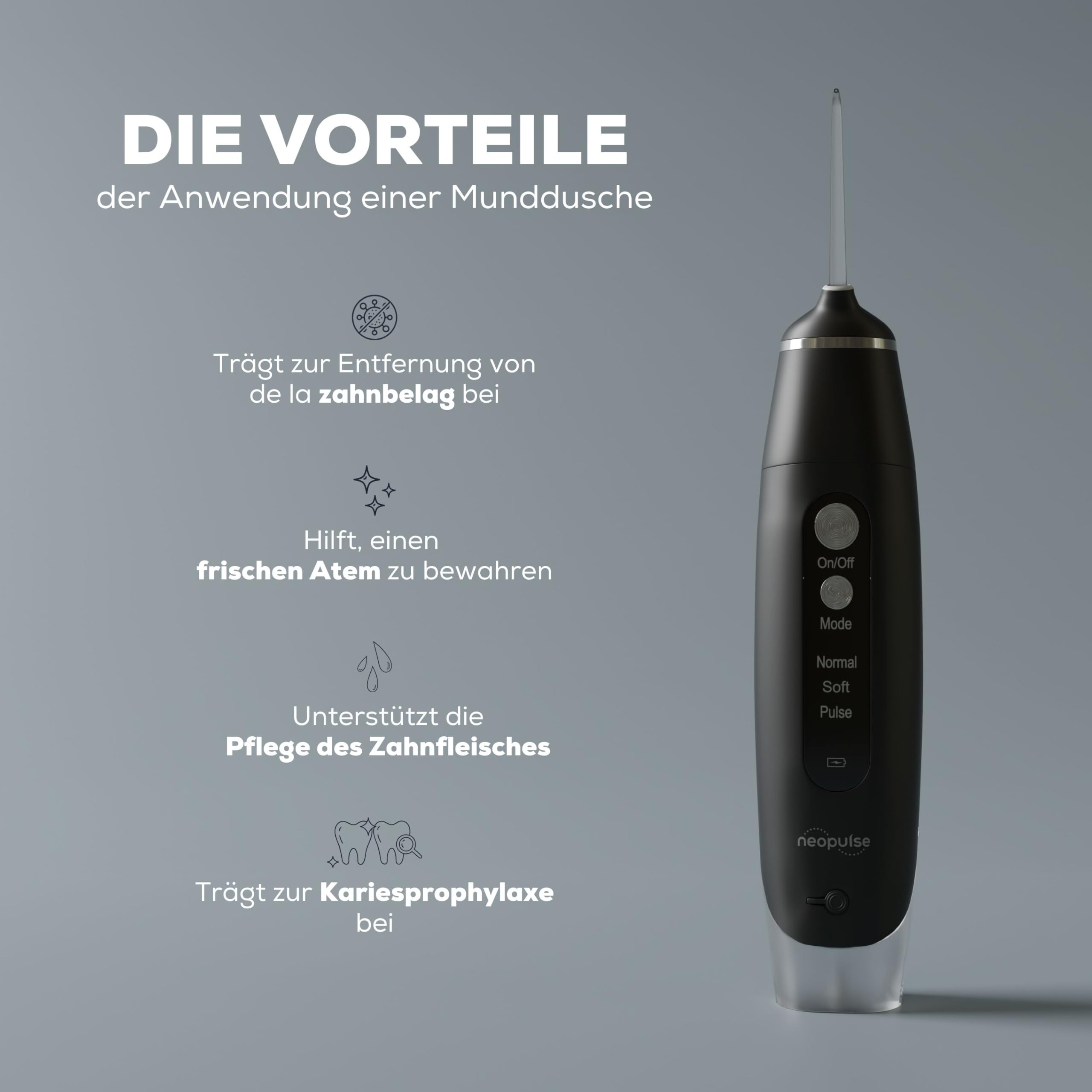 NEOPULSE MY FIRST® Munddusche – kabelloser elektrischer Wasserflosser – Zahnzwischenraumreiniger mit 3 Modi – USB wiederaufladbar – für Zahnzwischenräume, Zahnspangen & Implantate – Schwarz | 3 Modi – 4 Aufsätze – ideal für Anfänger & empfindliches Zahnfl