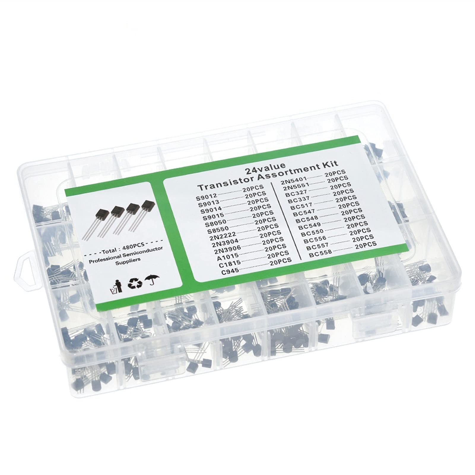 Assortimento di Transistor NPN PNP Kit Assortito, TO-92 480 Pezzi 24 Tipi di valori x 20 Pezzi Forniture Fai da Te (Size : 1kit)