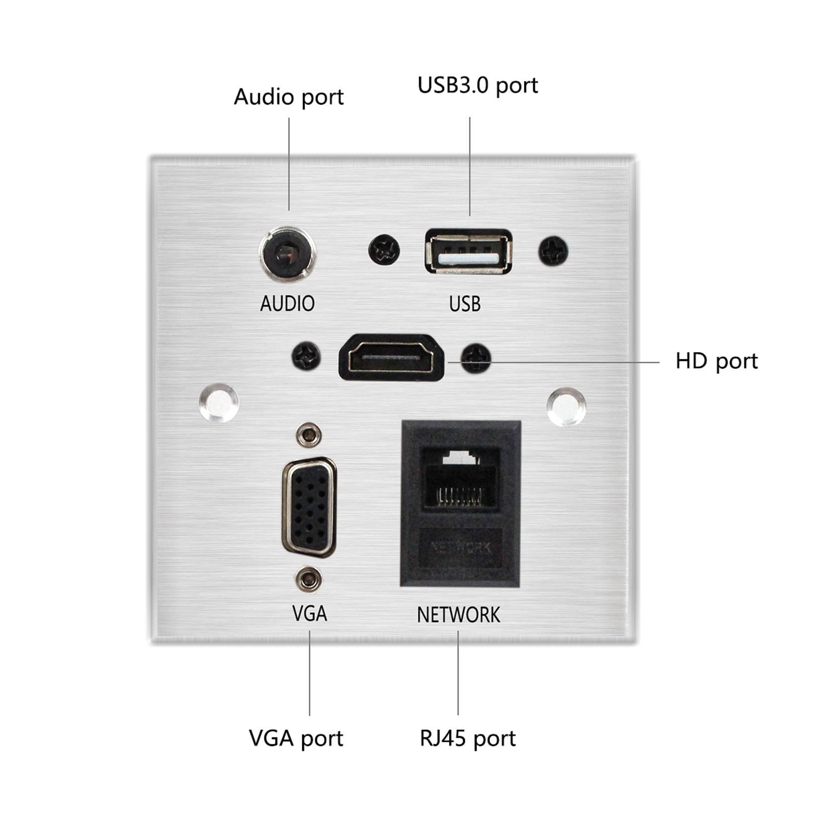 Plaque Murale de Prise Multimédia, Prise Murale avec 5 Interfaces, Dont USB, Interface Multimédia HD, VGA, Son 3,5 Mm, Réseau RJ45, Alliage D'aluminium