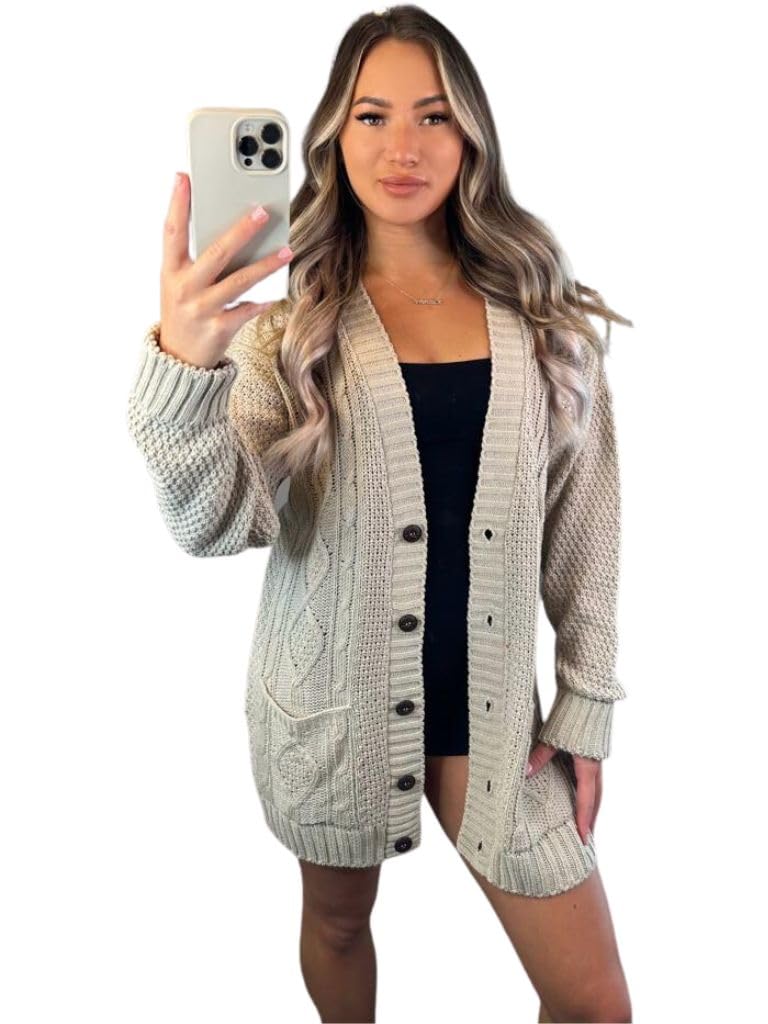 Crazy FashionWomen’s Long Sleeve Grandad Open Front Button Top Chunky Aran Cable Knitted Cardigan Ladies Sweater Winter Jumper UK 8-22
