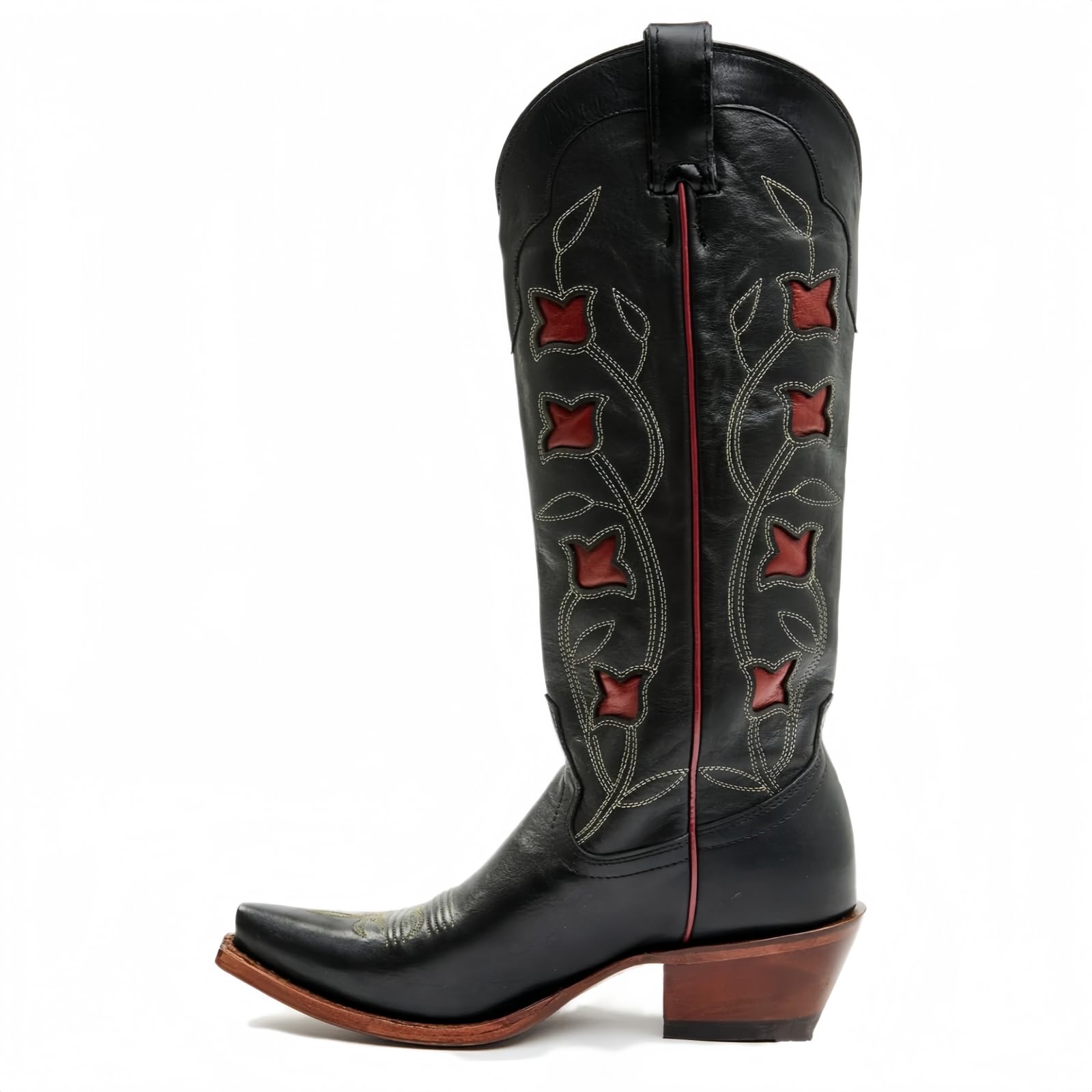 Western Cowboy Boots for Women Embroidered Country Cowgirl Mid Calf Boots with Chunky Heel Snip Toe