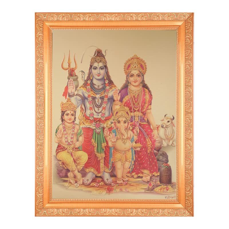BM TRADERSShiv Parvati Pariwar Beautiful Golden Foil Photo In ArtWork Golden Frame(11 x 14 Inches) OR (27.94 X 35.56 Cm's) Housewarming Gifts