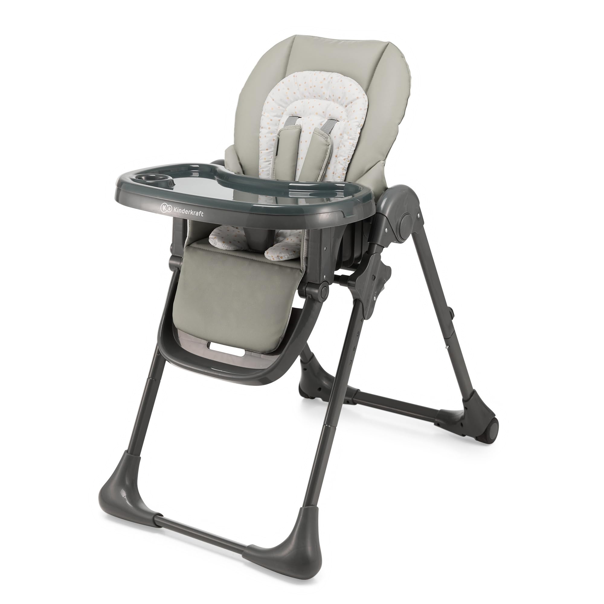 Kinderkraft TUMMIE krzesło 2 w 1, ergonomiczne, wygodne, odchylane, składane, z regulacją wysokości i podnóżkiem, zdejmowana taca dla dzieci, z zabawkami, szary