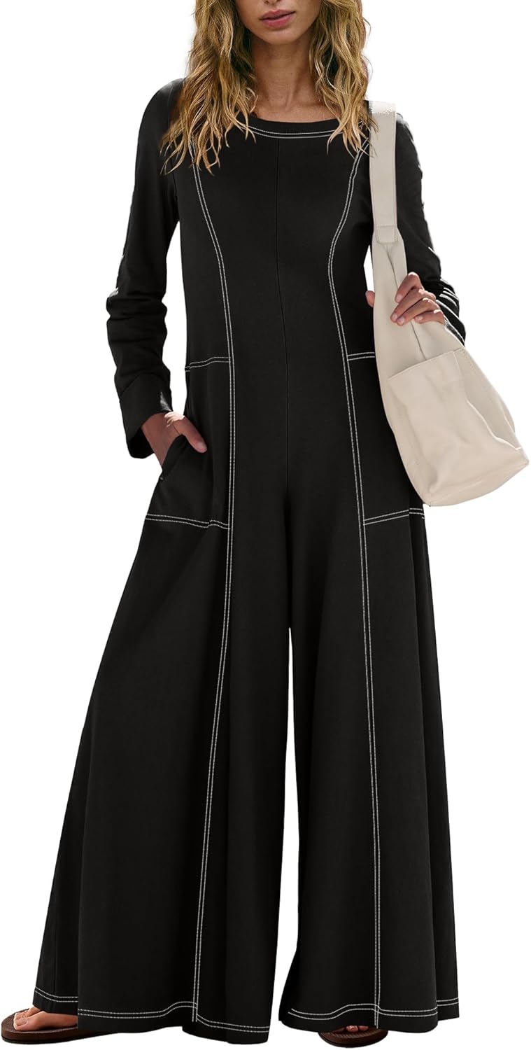 Yanekop Womens Long Sleeve Jumpsuit Casual Loose Fit Overalls Wide Leg Jumpsuits One Piece Outfits with Pockets
