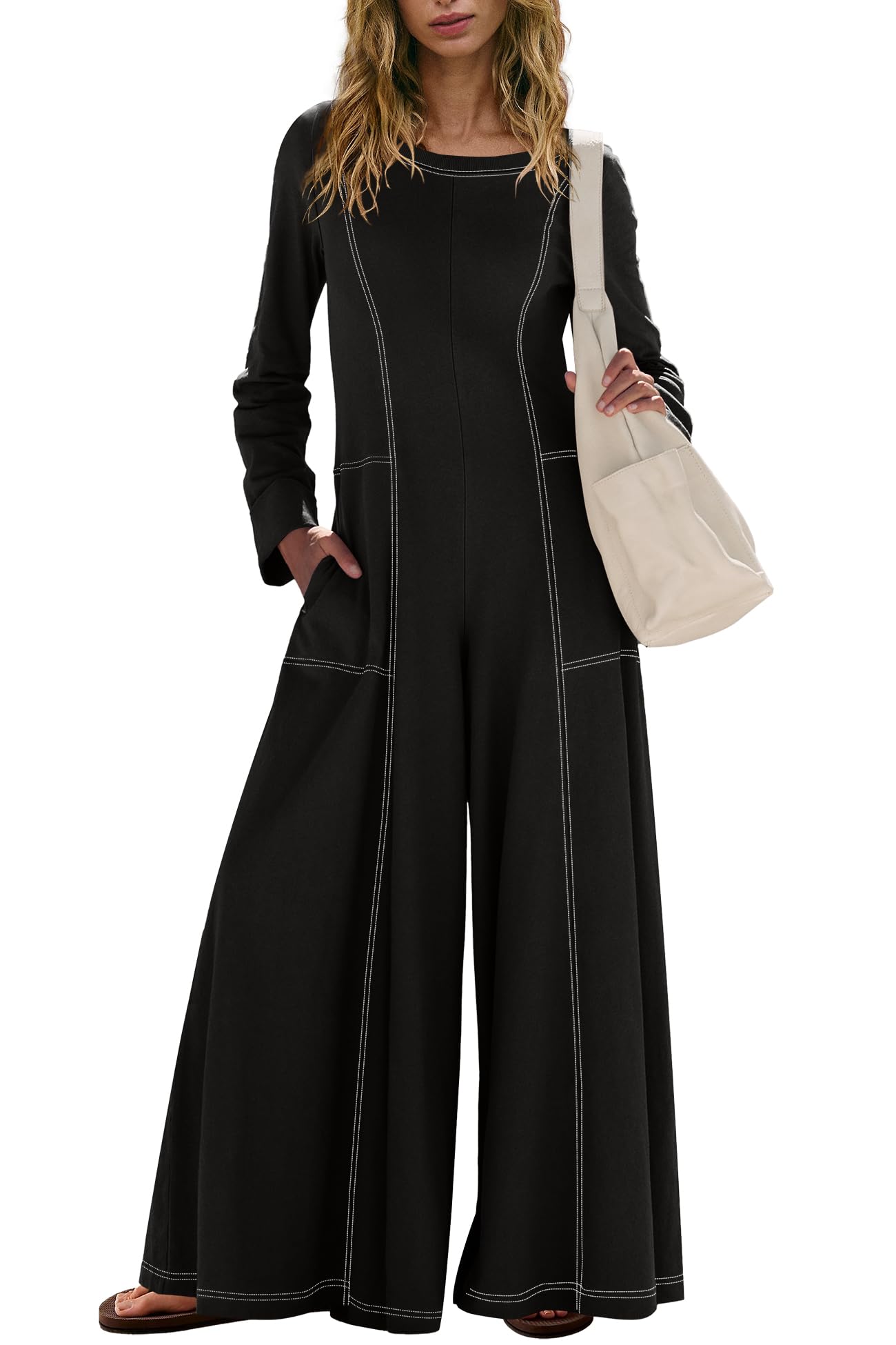 Womens Long Sleeve Jumpsuit Casual Loose Fit Overalls Wide Leg Jumpsuits One Piece Outfits with Pockets-image-34