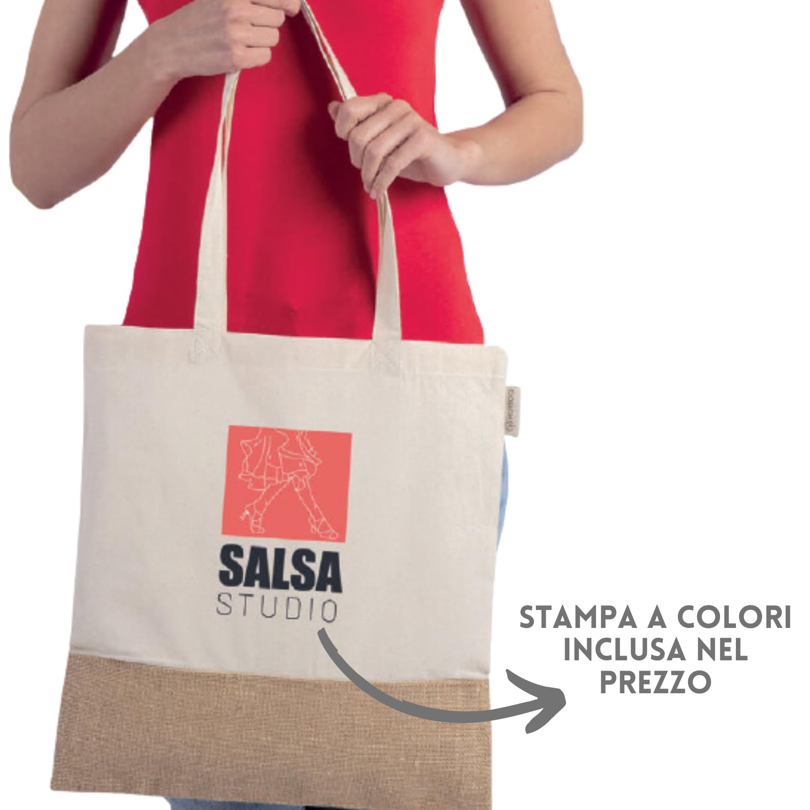 Stock 50 Shopper Personalizzate 38x42 Pubblicitarie, Borse Gadget Aziendali Personalizzate in Cotone e Juta Naturale con Logo, Buste Shopping Bag per Omaggi a Clienti PG244
