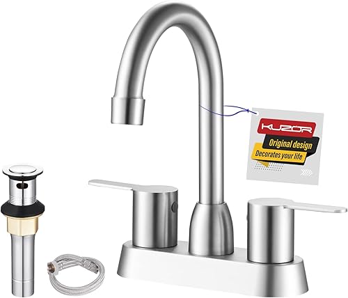KUZOR Centerset - Grifos de baño de 2 manijas y 3 agujeros, grifo de baño de níquel cepillado, boquilla giratoria de 4 pulgadas con drenaje