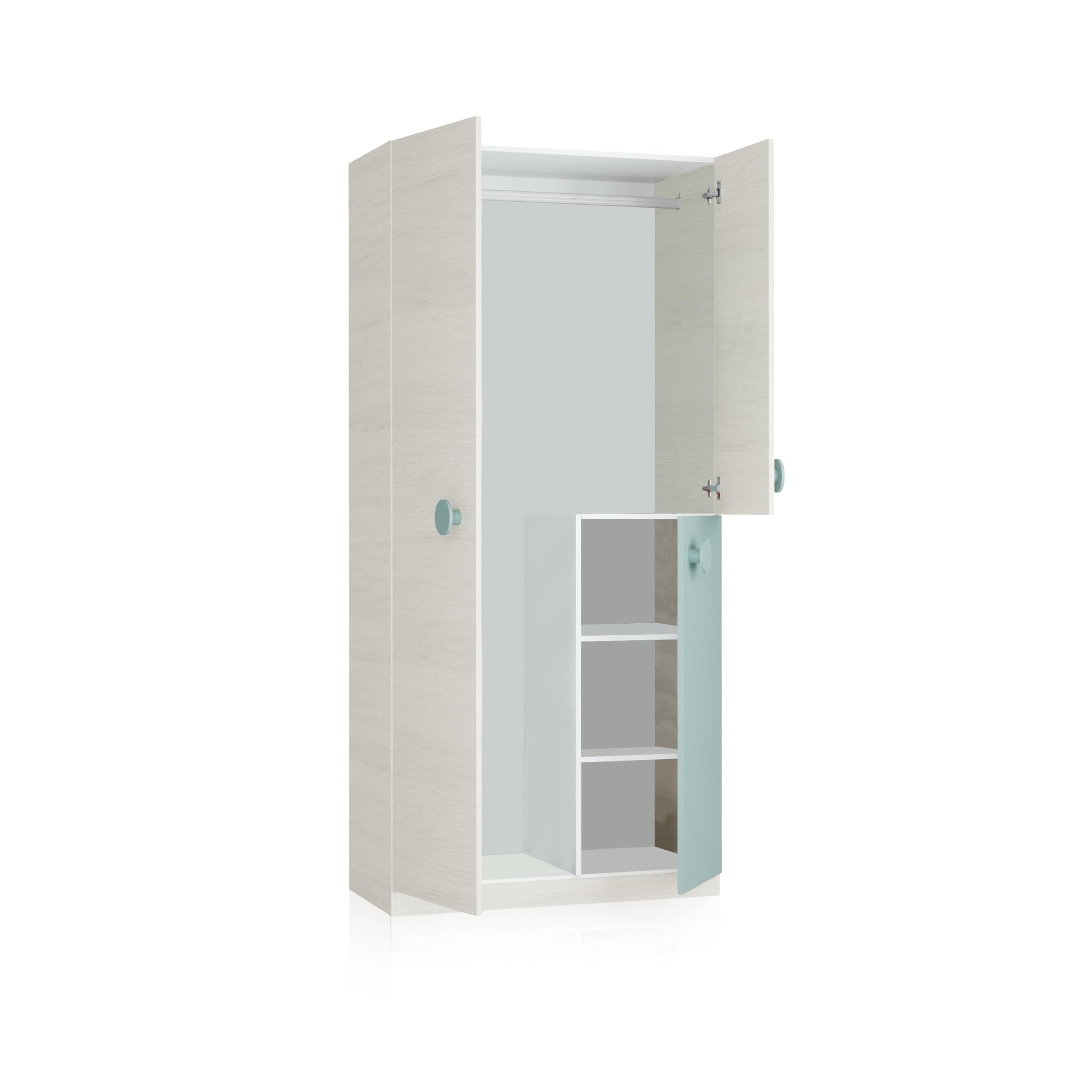 duehome | Armario Juvenil, Modelo Yuki, Acabado en Color Blanco Alpes y Verde Acqua, Medidas: 90 cm (Largo) x 200 cm (Alto) x 52 cm (Fondo)