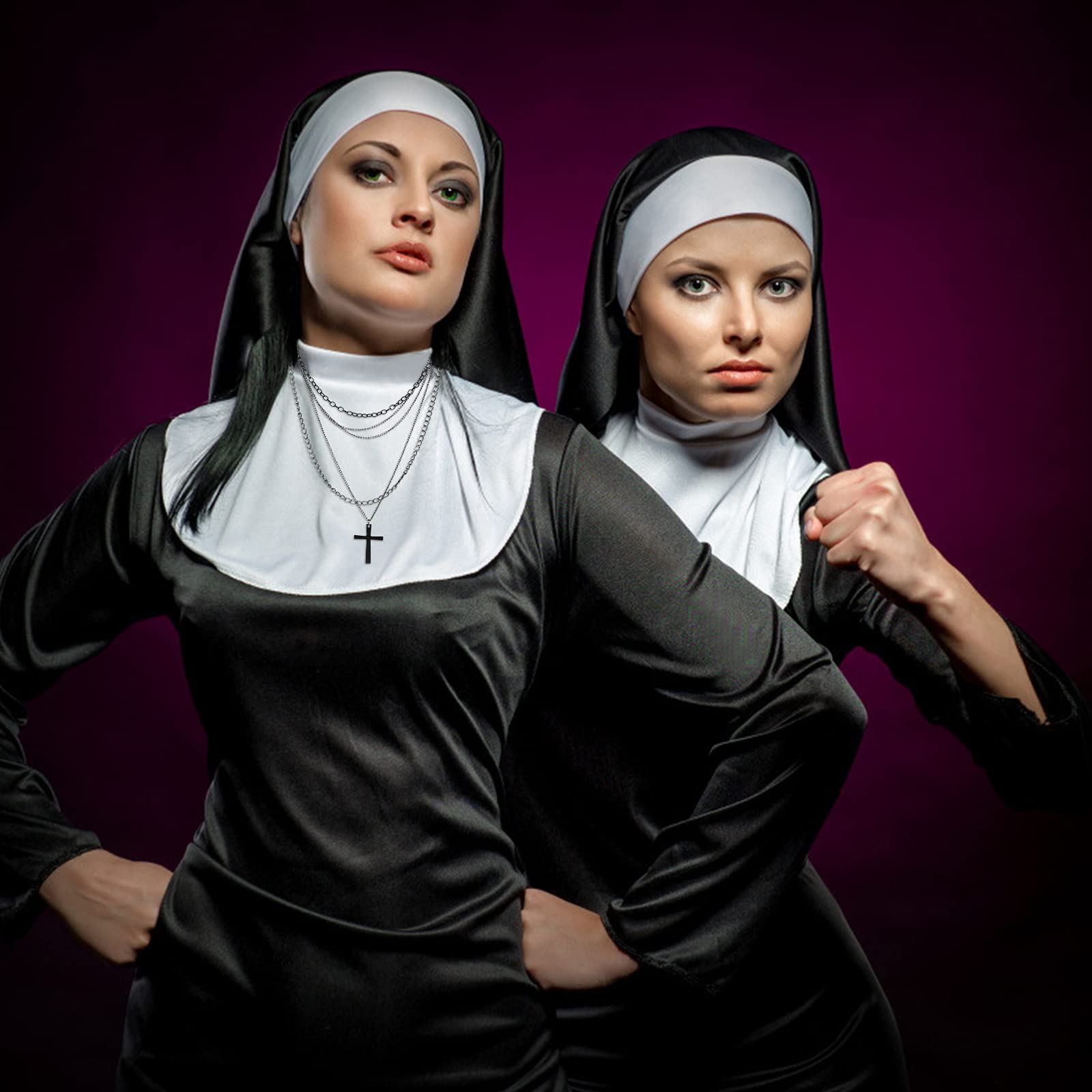 Yewong Nun Costume Accessory Set with Catholic Nun Costume Hat, Nun Collar, Cross Pendent Necklace, Cross Print Stockings: Set-a