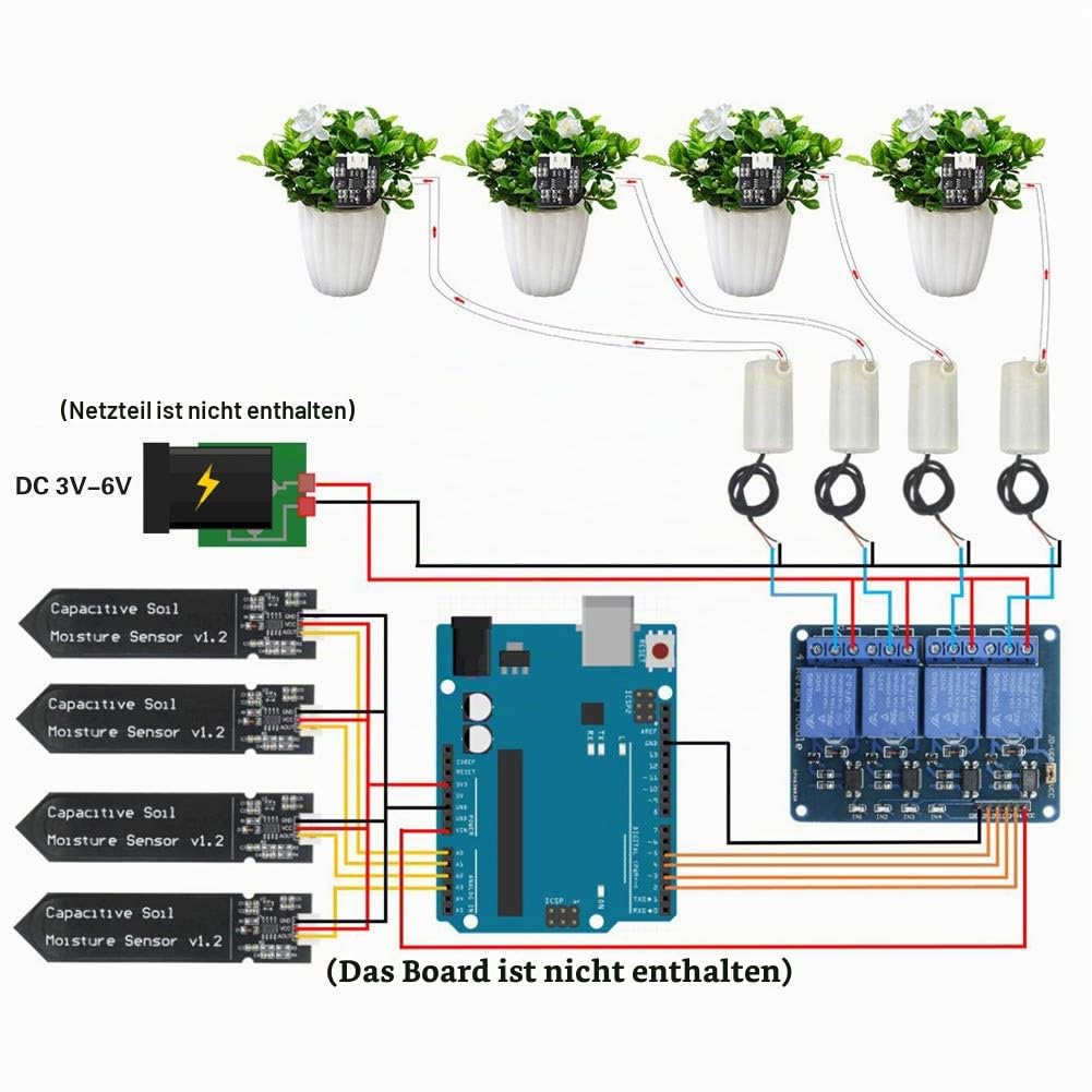 Automatische Bewässerung Garten DIY Kit mit Tutorial, Entwicklungsboard mit USB Kabel + 4 Kanal 5 V Relais + 4pcs Bodenfeuchtesensor + 4pcs Mini Wasserpumpe + 5M PVC Schlauch + Jumper Wire