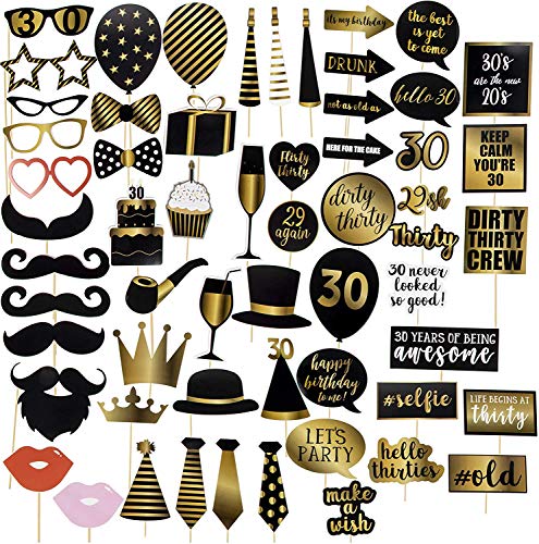 Foto-Requisiten zum 30. Geburtstag – 60er Pack Geburtstag Party Supplies Selfie Requisiten Party Gastgeschenke für Cocktail-Partys, Schwarz und Gold