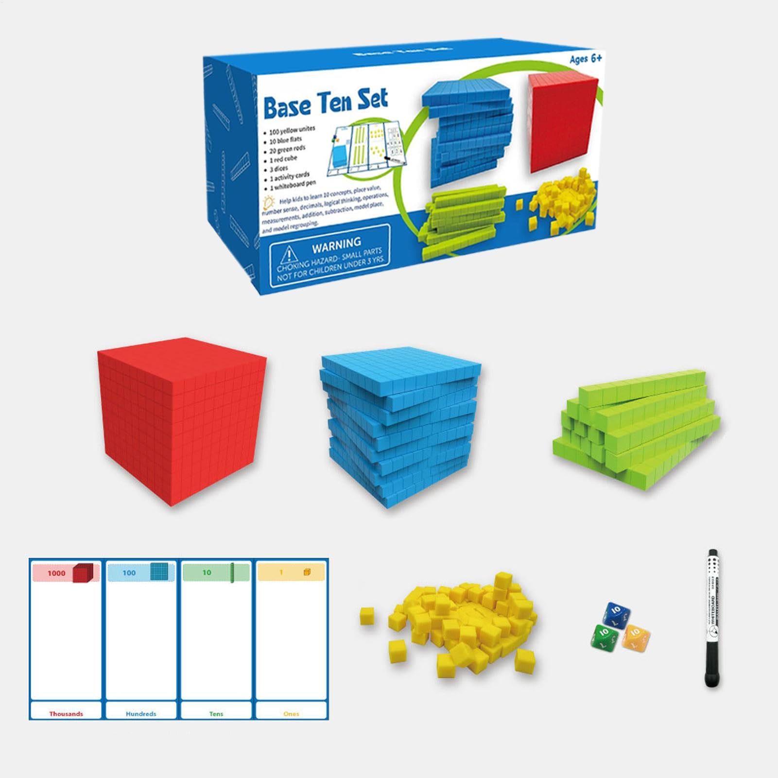 Base Diez Bloques, Base Diez Bloques para matemáticas,Manipulativos bloquea el Juego de Juguetes matemáticos - Decenas Cientos de Miles de Bloques contando, Juguetes educativos para la
