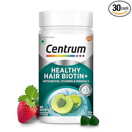 Centrum Healthy Hair Biotin+ | 30 Gummies for Men & Women | 100% RDA of Biotin, Amla, Vitamins & Minerals | World's #1 Multivitamin Brand | 100% Veg