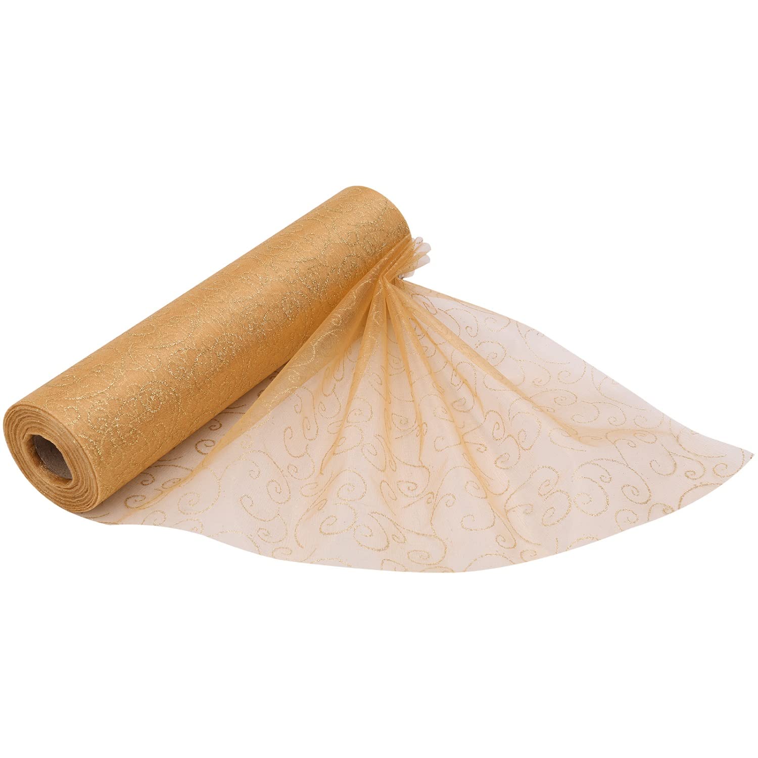 29cm x 25m Organza Roll Snow Sheer Fabric - Glitter Roll for Christmas Chair Bows, Table Runners, Dress Accents, Crafting Supplies for Ribbons, Party Favours, Swirl Design - Gold