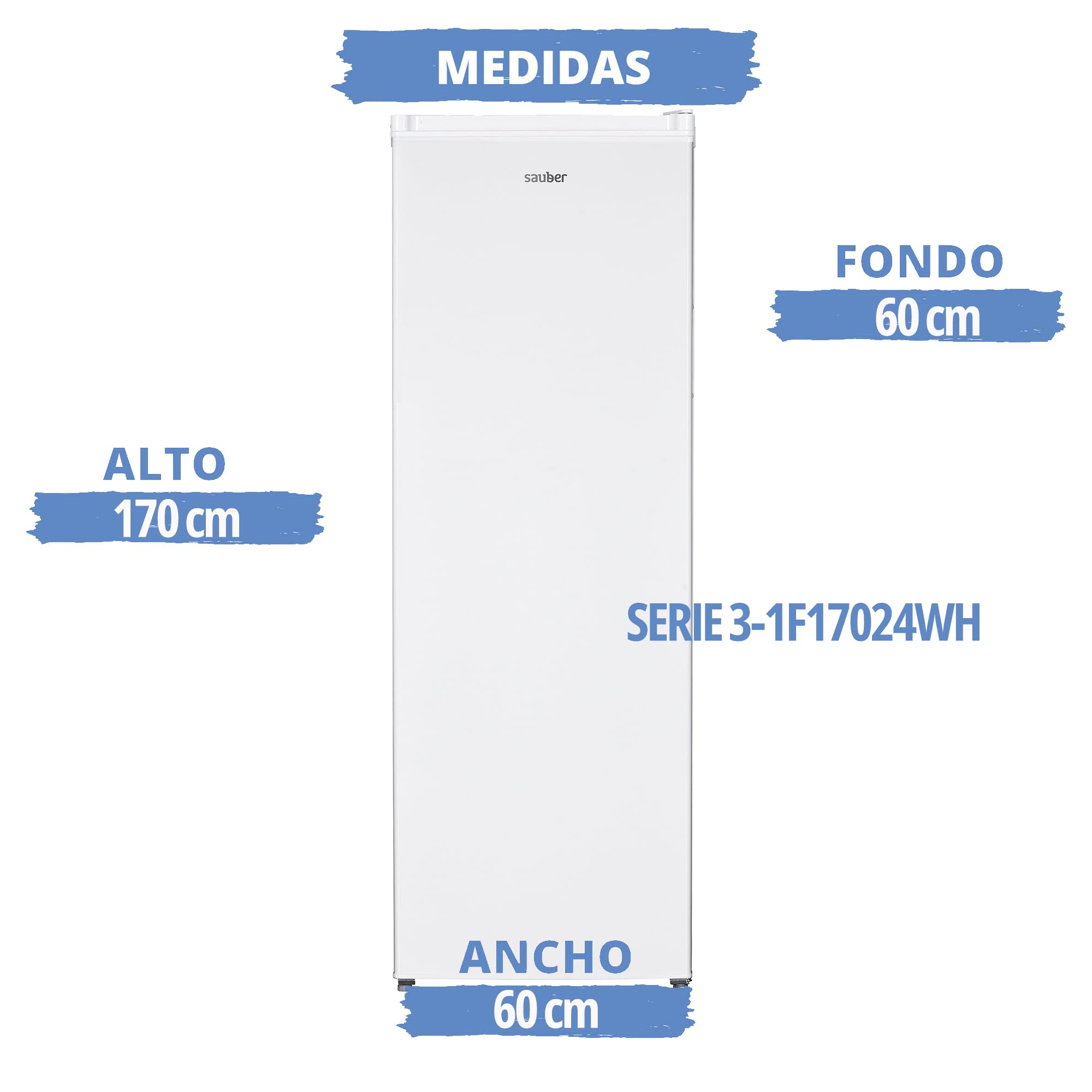 SAUBER, Frigorífico 1 Puerta, SERIE 3-1F17026WH, E, 172,5 x 60 cm, 331 litros, Puerta Reversible, LED, Cajón Frutas y Verduras, Motor Inverter, Blanco, ENTREGA Y RETIRADA USADO DOMICILIO