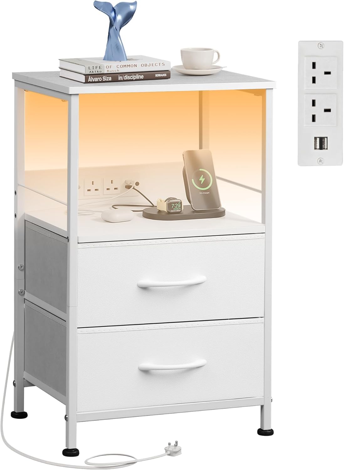 WLIVE White Bedside Table with Drawers, Bedside Cabinet with LED Lights and Charging Station, Side Table for Bedroom, Living Room, Small Spaces, Bright White